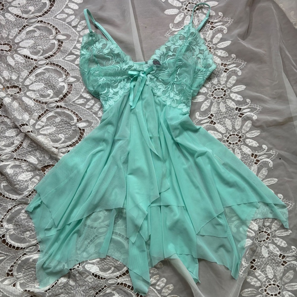 Y2K Teal Fairy Lace Mesh Babydoll Chemise Lingerie XL Handkerchief Hem